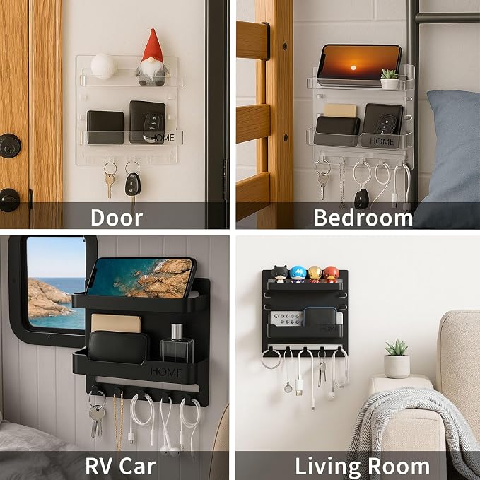 Bedside Wall Shelf Organizer with 5 Hooks & Cable Clips, Plastic Adhesive Wall Mount Storage Rack for Phone, Remote, Earphones, Kindle, Bedroom, Dorm, RV (Clear) - Image 5