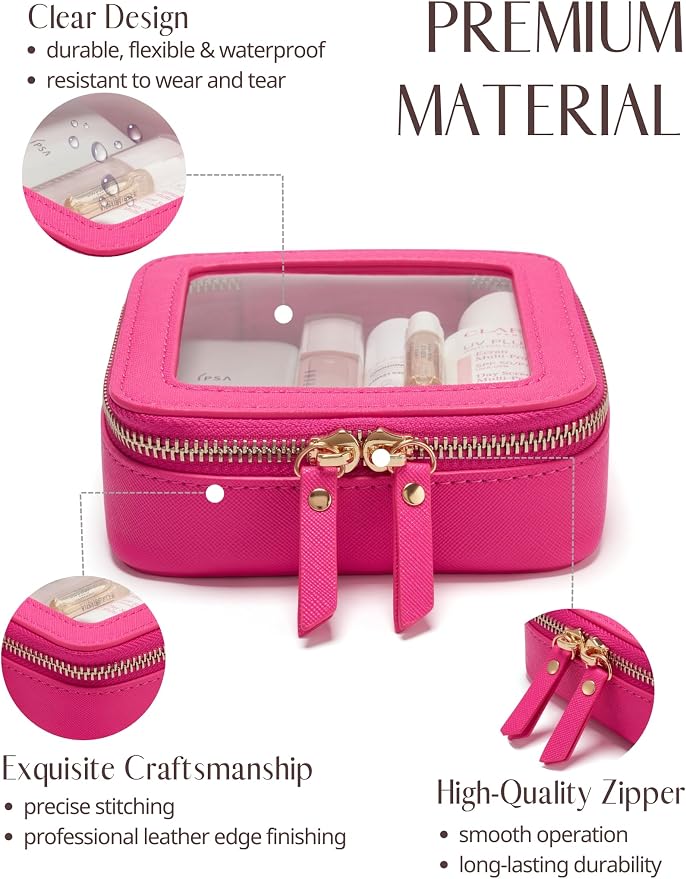 Mini Makeup Bag Clear Small Travel Cosmetic Case Leather Cute Hot Pink Pouch for Purse Organizer Make Up Bag for Women Car Toiletry Bag with Zipper for School - Image 2