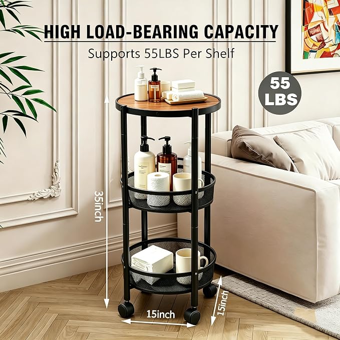 3-Tier Foldable Rolling Cart, Collapsible Metal Utility Cart with Wheels, Assembly-Free, Round Storage Organizer Trolley for Kitchen, Bathroom, Dorm, Nursery-Black - Image 4