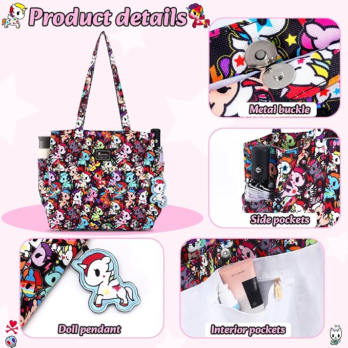 tokidoki Unicorno Foldable Tote Bag for Women, Canvas Tote Bags with Doll Portable Shoulder Handbag for school Work Travel - Image 3