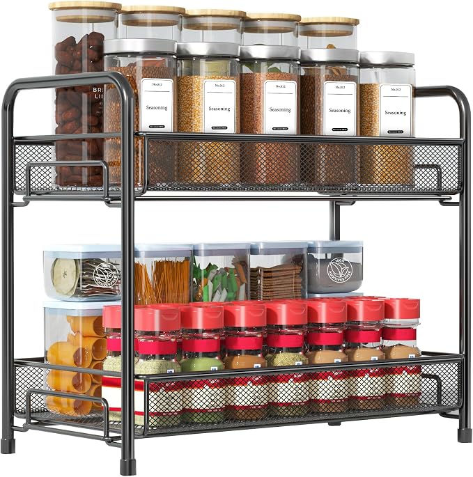 Spice Rack Organizer for Countertop,Xpatee 2-Tier Foldable Metal Rust-Proof Standing Large Seasoning Storage Shelf with Guardrail and Mesh Design for Kitchen Cabinet Bathroom Living Room Pantry, Black by Xpatee