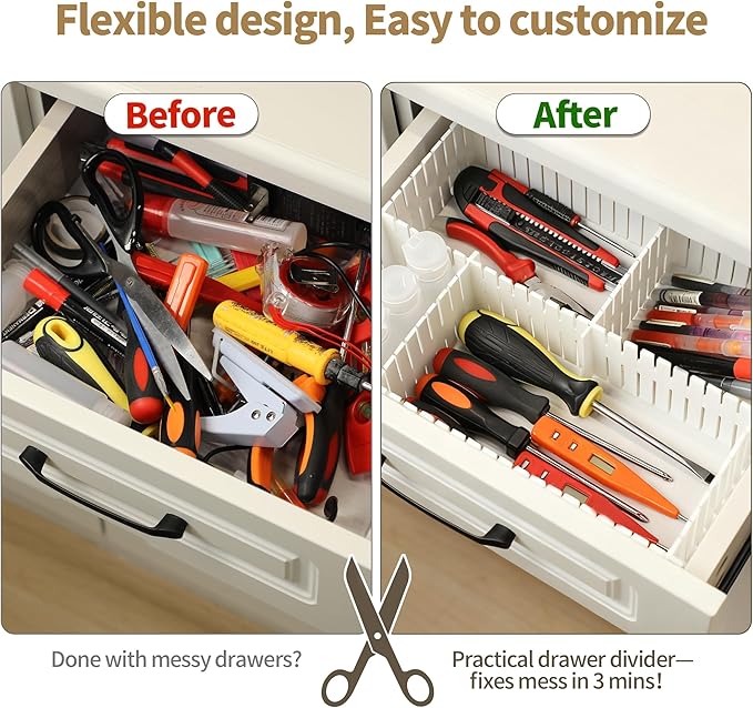 Adjustable Drawer Dividers, Cut-to-Fit DIY Organizers, White,16 Pack | For Tidying Cutlery, Makeup, Clothes and Dresses in Drawers, Desks and Storage Boxes for Kitchen, Bathroom, Bedroom & Office - Image 3