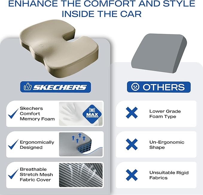 Skechers Memory Foam Seat Cushion,Office Chair Cushion for Tailbone Pain Relief,Butt Pillow for Office Chair,Car seat Cushion,Computer Desk,Long Sitting Office Workers,and Car Drivers,Beige - Image 6