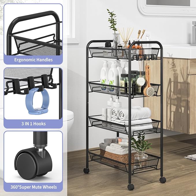 TOOLF 4-Tier Rolling Cart, Metal Utility Cart with 3 Hooks, Easy Assemble Mobile Storage Trolley On Wheels, Metal Shelving Units Kitchen Bathroom Laundry Room - Image 4