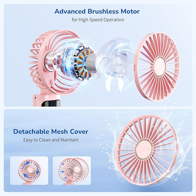 Portable Handheld Fan, USB Rechargeable Foldable Mini Personal Fan, 5200mAh, 180 Adjustable, 6 Speed Wind, 3 IN 1 Hand Cooling Desk Fan with LED Display for Home Office School Outdoor Travel, Pink - Image 3