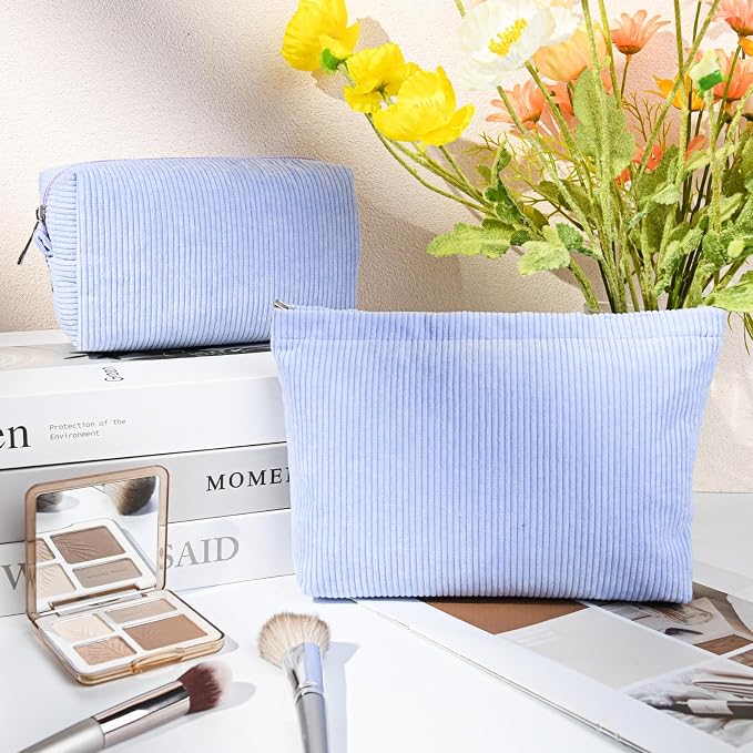 SOIDRAM 2 Pcs Corduroy Makeup Bag Large Cosmetic Bag Toiletry Bag Makeup Pouch Travel Bag Organizer Cute Makeup Brushes Aesthetic Accessories Storage Bag for Women Blue - Image 2