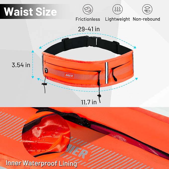 MIER Running Belt for Women & Men, Fanny Pack with Marathon Bib Clip Orange | Slim Adjustable Phone Holder Pouch; Reflective Waist Packs for Running Essentials; Waterproof Zipper Pockets - Image 3