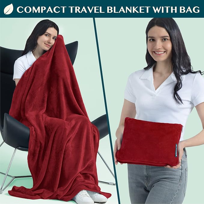 PAVILIA Travel Blanket Pillow, Soft Airplane Blanket 2-in-1 Combo Set, Plane Blanket Compact Packable, Flight Essentials Car Pillow, Travelers Gifts Accessories, Luggage Backpack Strap, 60x43 Red - Image 2
