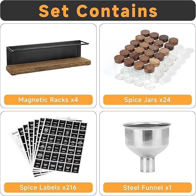 Wooden Lid Magnetic Spice Rack with 24 Jars, 216 Labels, 1 Steel Funnel for Refrigerator，Microwave Oven - Full Set of Spice Organizer - Image 2