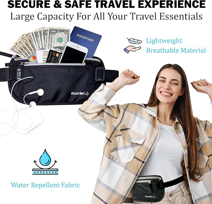 RFID Blocking Passport Holder Travel Pouch for Men & Women - Hidden Money Belt with Anti-Theft Locking Zipper, Slim Waterproof Waist Wallet for Cash, Credit Cards, Passport & Travel Documents (Onyx) - Image 4