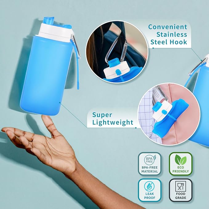 Collapsible Water Bottles 19oz with Spout & Carabiner, Odorless BPA-Free Silicone, Leak-Proof Foldable Reusable Bottle - Perfect for Travel Sports Gym Hiking Camping Cycling - Clear Blue - Image 3