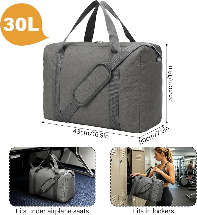 30L Foldable Underseat Travel Duffel Bag 17.3"x13.8"x7.9" – Lightweight Carry on Luggage for Women and Men, Waterproof Overnight Bag, Gym Sport Holdall, Hospital Tote with Trolley Sleeve, Grey - Image 2