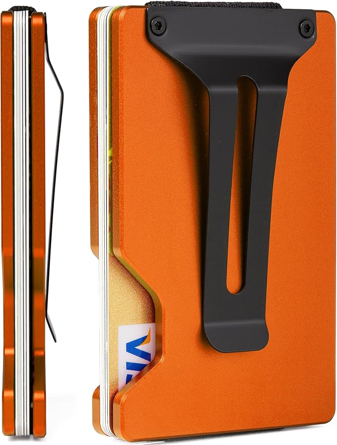 Minimalist Wallet for Men, Slim Metal RFID Blocking Wallet Credit Card Holder Money Clip & Cash Strap, Scratch-Resistant Holds 15 Cards,Ideal Gift for Men | Matte Orange by Unknown