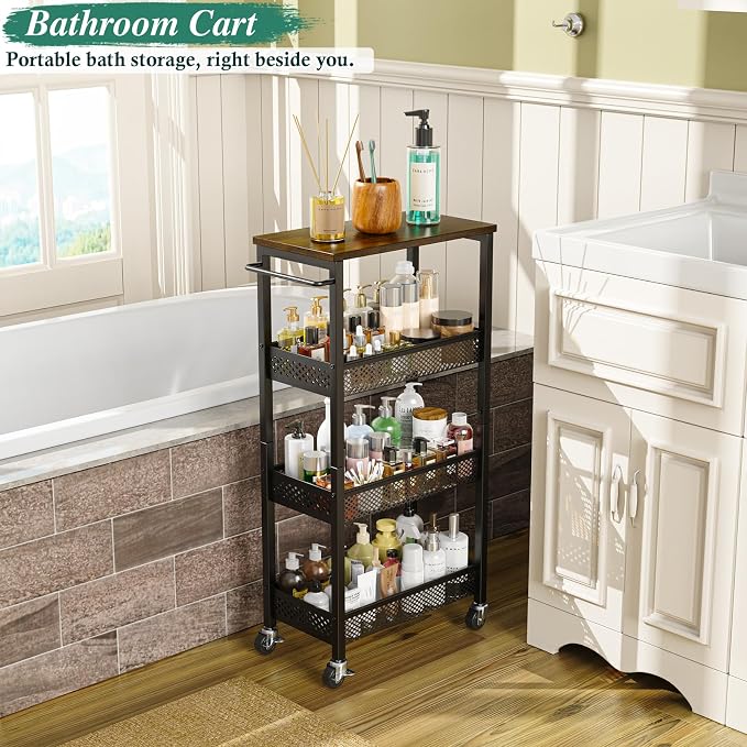 OKZEST 4-Tier Slim Rolling Storage Cart for Bathroom, Laundry Room, Kitchen | Upgraded metal hub casters, Narrow utility cart for small space/gaps, Premium wood top & metal mesh shelf, with handle & hook - Image 7