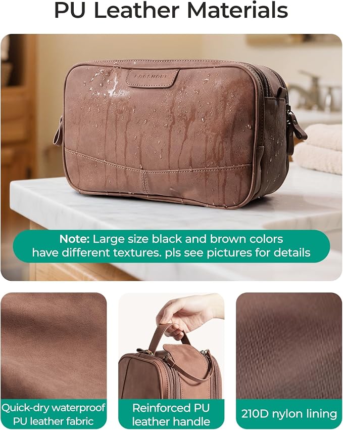 BAGSMART Large Toiletry Bag for Men, PU Leather Water Resistant, Dark Brown | Soft Matte, Travel Bag for Toiletries, Dopp Kit, Shaving Bag for Bathroom Shower - Image 2