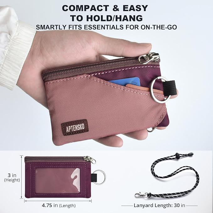 RFID Blocking Travel Wallet with Adjustable Lanyard, Small Nylon Zipper Pouch and Badge Holder for ID, Credit Cards, Cash, Keys, Commuters (Mauve+Plum Wine) - Image 4