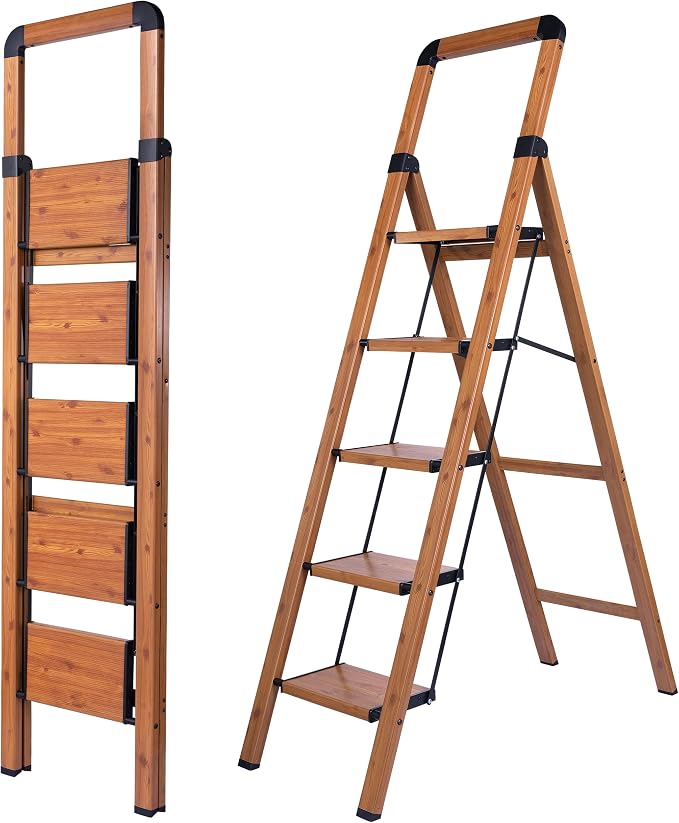 Step Ladder 5-Step Woodgrain Finish Aluminum Folding Ladders | Anti-slip Sturdy Foldable Ladder Step Stool for Kitchen Home Office Libaray by BIBKOKE