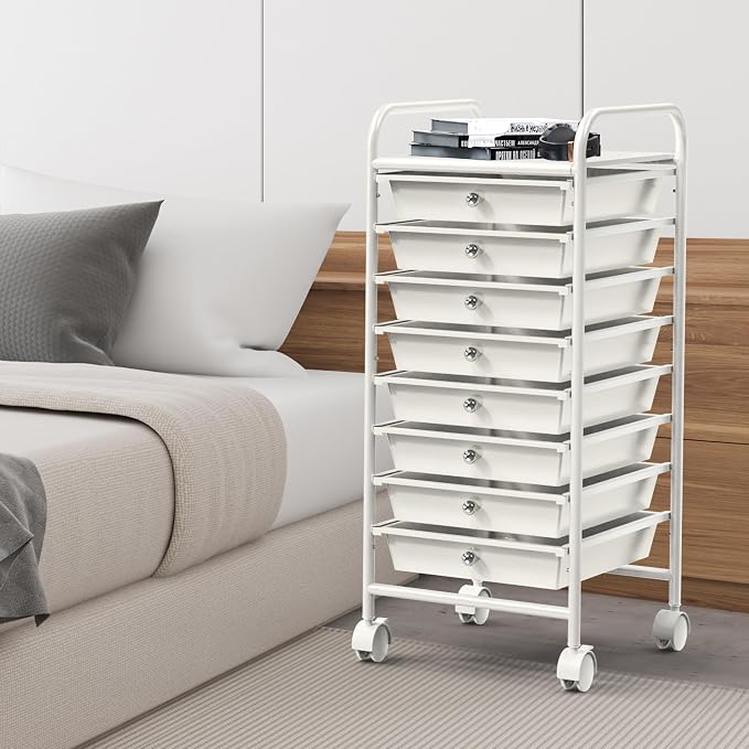 Simple Houseware 8 Drawers Rolling Utility Cart Art Craft Storage, White | 1-Column, 30.25" Height, Lockable Wheels, for School, Office, Art Craft, and Paper Storage - Image 6