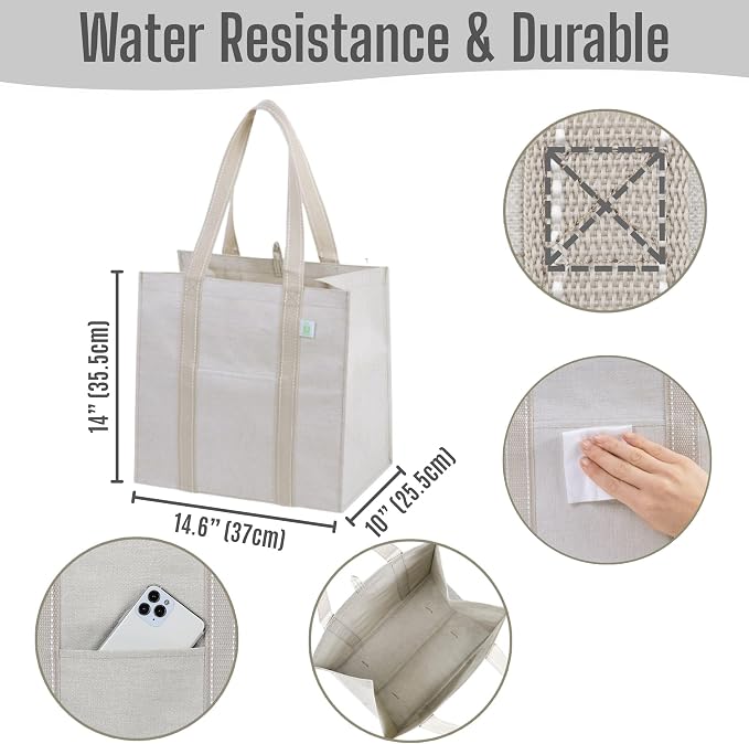 VENO 4 Pack Large Grocery Bag Reusable Shopping Bags with Hard Bottom | Utility Tote with Reinforced Handles, Heavy Duty, Foldable, Stand Upright, for Groceries Shopping Cart Storage(Beige, 4 Pack) - Image 2