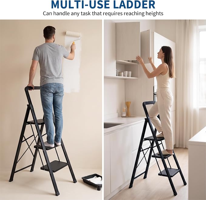Step Ladder 3-Step Black Finish Folding Ladders | Anti-slip Sturdy Foldable Ladder Step Stool for Kitchen Home Office Libaray - Image 6