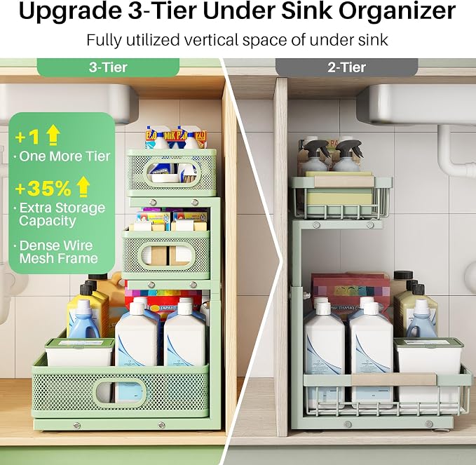 Kitstorack Under Sink Organizer, 1-Pack 3-Tier Height Adjustable Thickened Metal Pull out Cabinet Organizer Shelf, Slide out Storage Drawer Rack for Bathroom Kitchen Pantry Home Organization, Green - Image 3