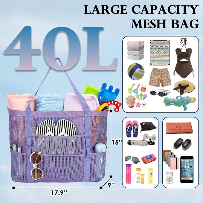 Fammart Mesh Beach Bag for Women, Large Beach Toy Pool Bag with Zipper Pocket, SandProof Cruise Essentials 2026 Family Travel - Image 4