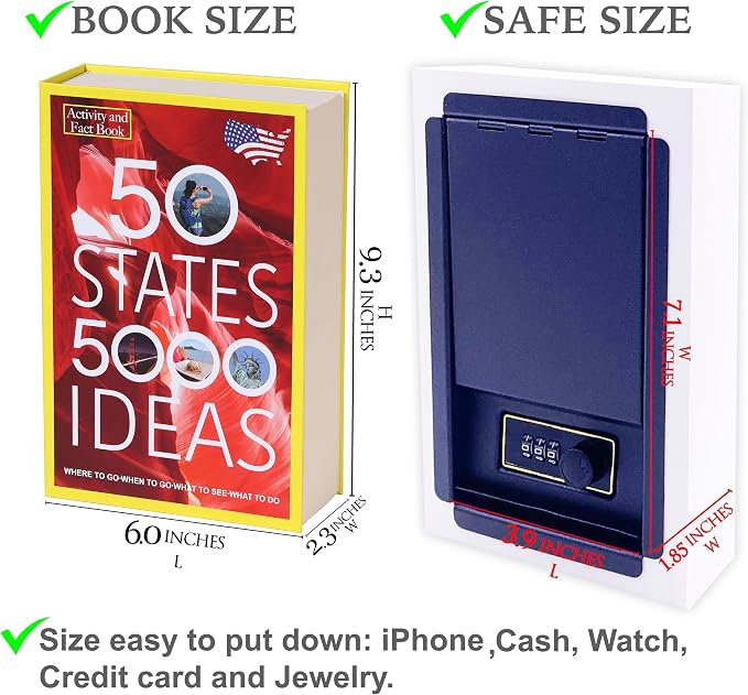 50 States Book Safe with Real Pages, Key Lock Diversion Hidden Safe | Hidden safe box and hollow storage compartment for cash money. Decorative book box stash case for passport savings. - Image 8