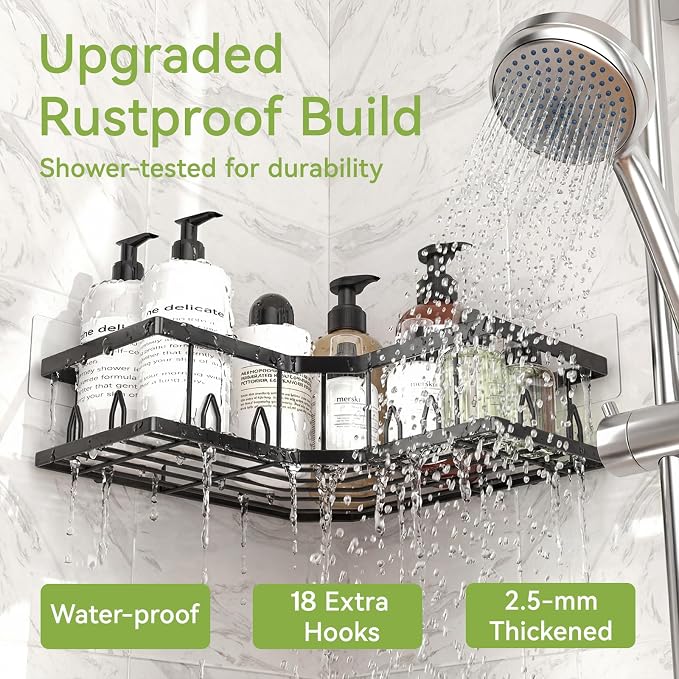 Shower Shelf Corner, Adhesive Shower Caddy Rustproof, Shower Shelves Corner with Soap Holder, No Drilling Shower Corner Organizer for Dorm, Renters Bathroom, Black, 3 Pack - Image 3