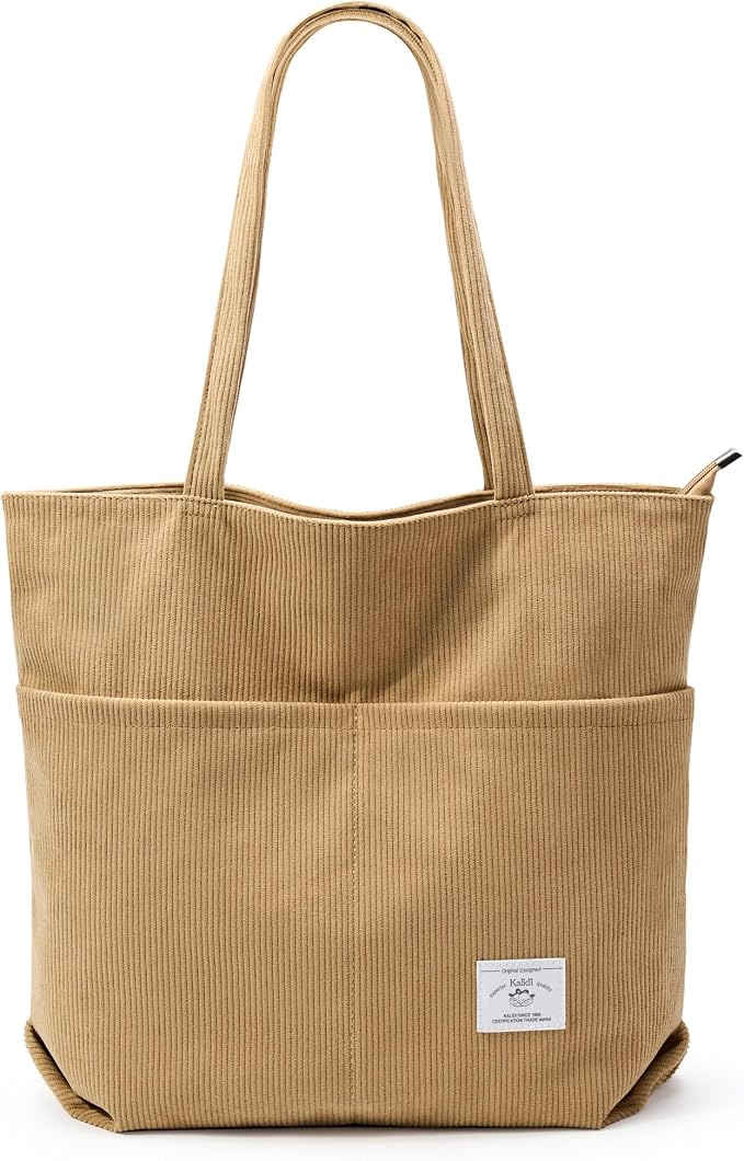 KALIDI Women Corduroy Tote Bag Zipper Casual Tote's Handbag Big Capacity Shoulder Bag with Pockets by KALIDIFANCYFOREST