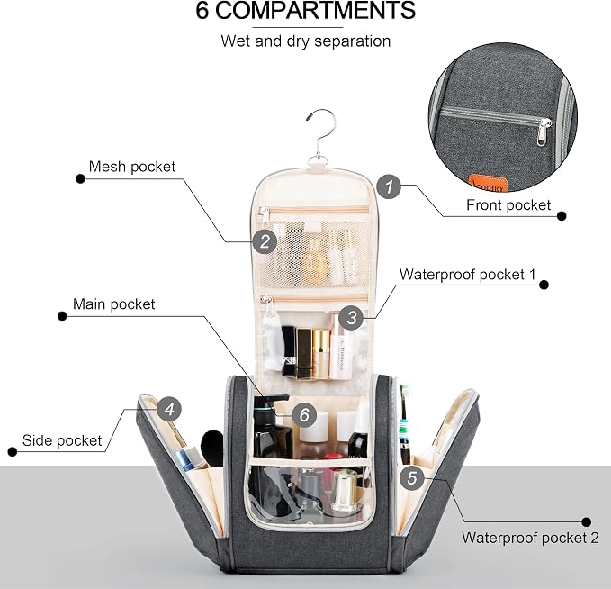 Hanging Travel Toiletry Bag for Women and Men, 6 Organizer Compartments, Extra Large Toiletries Bag, Bathroom Cosmetic Bag, Water-resistant Makeup Bag, Holds Full-Size Shampoo, Grey - Image 3