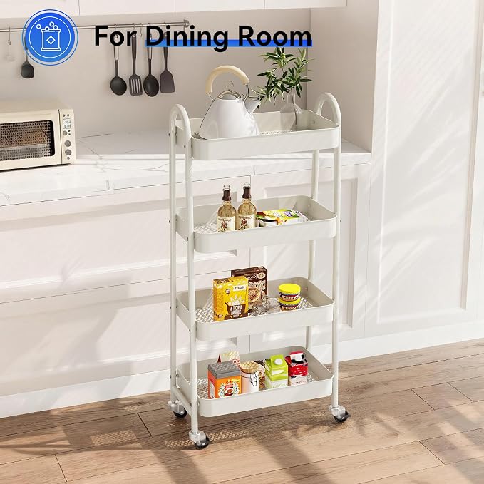 NEWBULIG 4-Tier Metal Rolling Storage Utility Cart with Lockable Wheels | Mobile Organizer Shelf, Space-Saving, Freestanding, Bathroom, Living Room, Slim, Narrow Corner Spaces, White - Image 6