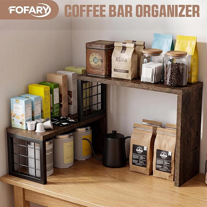 Kitchen Countertop Organizer, 2 Tier Corner Counter Shelf, Rustic Brown | Stackable, Expandable, Adjustable Cabinet Organizer Shelf, Spice Rack, for Kitchen, Coffee Station, Rustic Wood Grain - Image 4