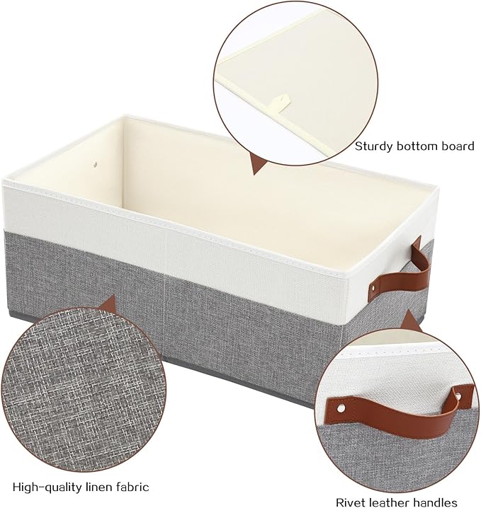 6 Pack Closet Storage Bins, Storage Baskets for Shelves | Linen Closet Organizers and Storage with Leather Handles for Clothes,Towels, Sheets, Jeans, Toys, Books (Grey and White) - Image 4