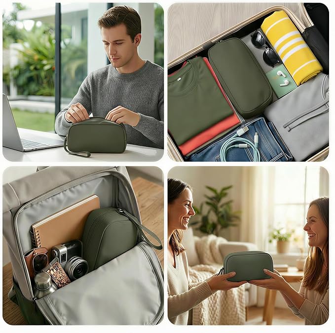 Waterproof Tech Organizer Bag for Cables & Chargers, Army Green | Features 8 compartments for 3ft+ cords, padded lining for protection, and 8 cable ties. 8.66x5.12x2.36 inches. - Image 6