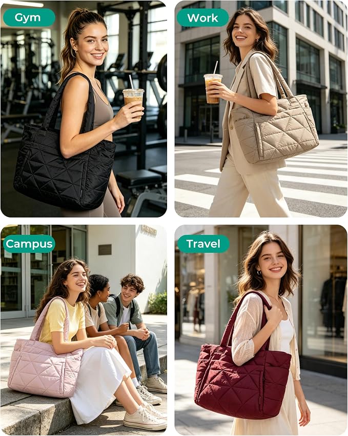BAGSMART Tote Bag for Women, Puffer Tote Bag with Zipper, Large Quilted Shoulder Bag with Compartments for Travel, Work, Gym - Image 2