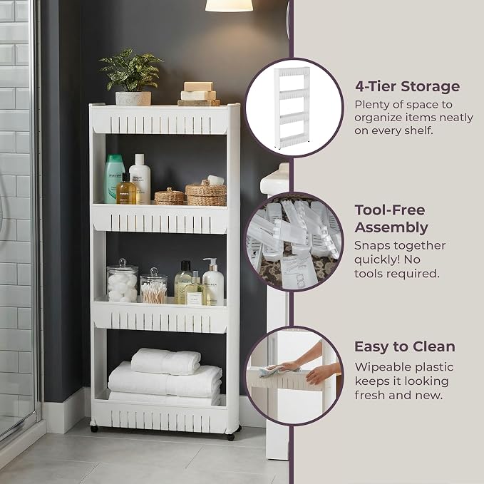 Lavish Home 4-Tier Storage Organizer Rack, White, 21.5” x 5” x 40” | Plastic Rolling Cart for Office, Dorm, Bedroom, Bathroom, and Laundry Room Organizing - Image 4
