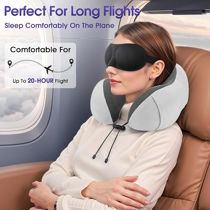 CloudBliss Memory Foam Travel Neck Pillow, Set of 2, Black & Light Grey | Travel Neck Pillow for Long Flight, Train, Car & Office, Plane Travel Accessories with Eye Mask, Earplugs, Storage Bag - Image 4