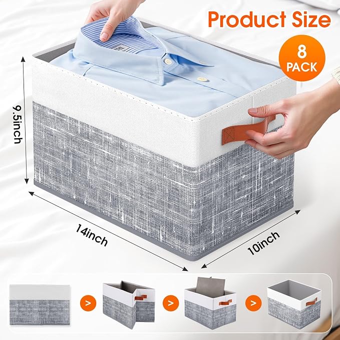 Collapsible Storage Baskets for Shelves,14"x10", 8 Pack Foldable Fabric Storage Bins with Double Leather Handles, Large Baskets for Organizing Books, Clothes, White & Grey - Image 2