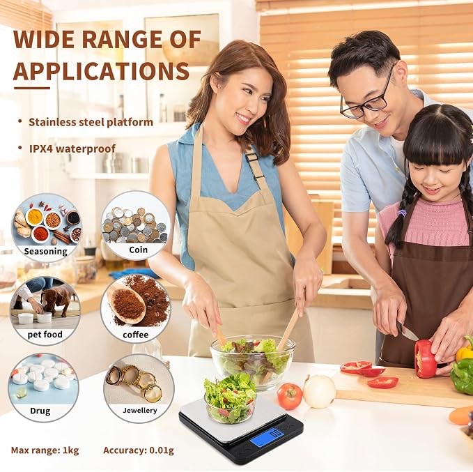 Small Digital Gram Scale 1000g by 0.01g, MEIYA High Accuracy Scale for Food Ounces and Grams, Upgrade USB Charging Kitchen Scale Digital Weight for Cooking, Baking, with Tare Function, 9 Units, 2 Tray - Image 6