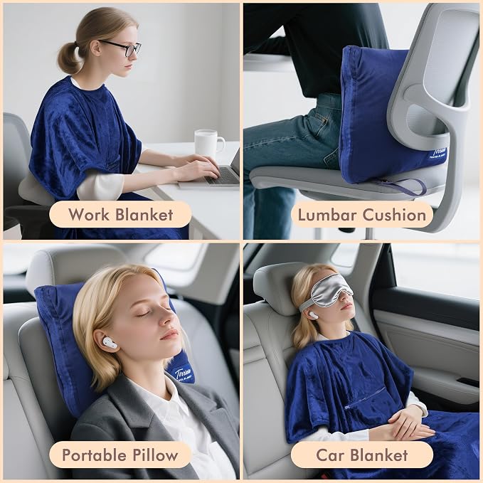 Tirrinia Travel Blanket Airplane Office Poncho 4 in 1 Premium Cozy Fleece Portable Poncho Blankets with Built-in Bag, Pocket - Image 2