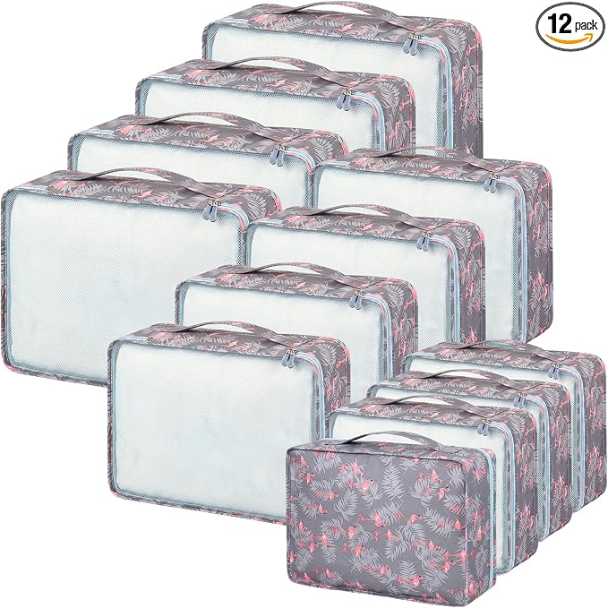Silkfly 12 Pcs Packing Cubes for Suitcase Travel Luggage Bags Bulk Mesh Organizer Set for Hiking Camping(XL, L, M,Flamingos,Pink,Blue) by Silkfly