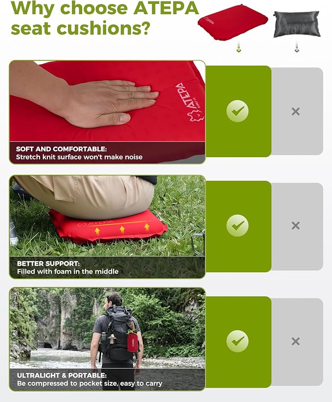 ATEPA Inflatable Seat Cushion | 2" & 2.5" Foam Core Seat Pad, Self Inflating, Compact, Stadium, Airplane, Travel, Camping, Hiking, Sports events - Image 5