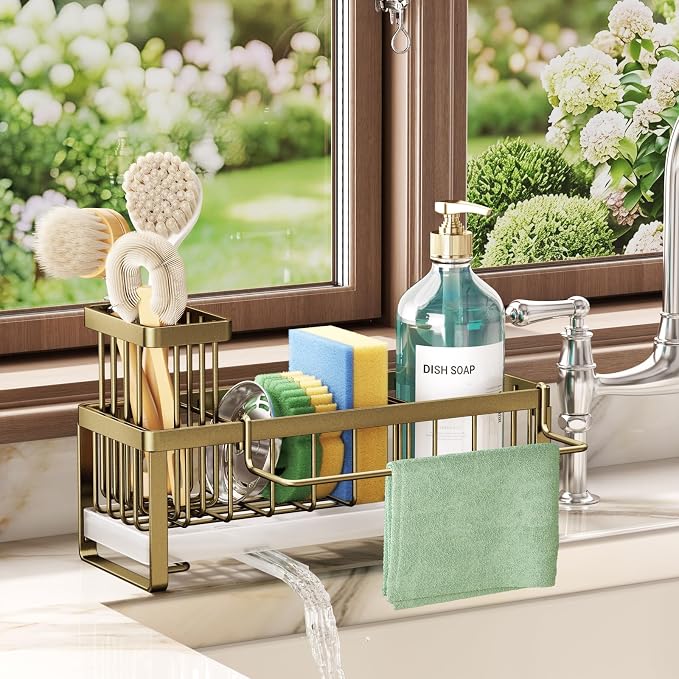 SWTYMIKI Sponge Holder for Kitchen Sink - Sink Caddy with Brush Holder Self-draining Sponge Caddy Organizer with Divider Stainless Steel Kitchen Accessories Storage for Countertop, Dark Gold by SwtyMiki-TidyHomeSweetLife