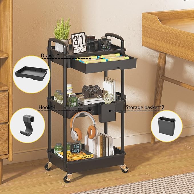 3 Tier Rolling Utility Cart with Drawer, Plastic Storage Organizer Rolling Carts with Wheels Handles Hanging Cups Hooks for Office, Bathroom, Kitchen,Craft Art Room (Black) - Image 3