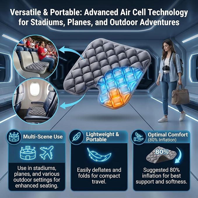 Inflatable Seat Cushion, Coccyx Cushion for Office Chair, Car & Wheelchair, Ergonomic Pressure Relief for Tailbone & Sciatica, Adjustable Firmness, Non-Slip Seat Pad for Long Sitting 16.6" × 15.8" - Image 5