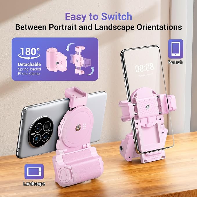 Phone Camera Grip Smartphone Photography Shooting Clip with Tripod Mount & Detachable Wireless Shutter Remote Control, Phone Selfie Grip Handle Stand for iPhone Samsung Android Phone Vlog Video Pink - Image 2