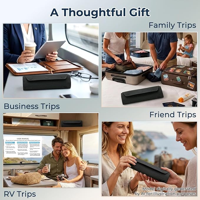 Electric Toothbrush Travel Case with 2 Head Covers, Black | Waterproof Silicone Case Protects Your Electric Toothbrush During Travel, Gym Visits and Business Trips - Image 3