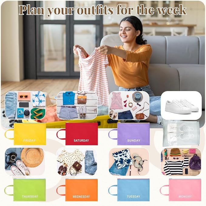 Colarr 8 Pack Days of Week Packing Cubes for Travel, Daily Outfit Clothing Organizer Bags with Drawstring Shoe Bag Storage Suitcase Luggage Packing Organizers for Summer Vacation Camp Essentials - Image 6