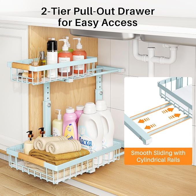 PXRACK Under Sink Organizer, Adjustable Height, 2 Tier Pull Out Under Cabinet Organizer, Slide Out Thickened Metal Under Sink Storage for Kitchen Bathroom Laundry Pantry Cabinet, Blue, Large-2-Pack - Image 4