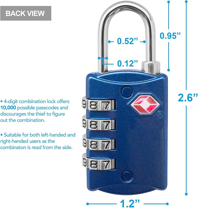 TSA Luggage Locks 2 Pack – 4-Digit Steel – Red/Blue | Keyless padlock for backpacks, travel suitcases, toolbox, filing cabinets, baggage & gym locker - Image 2